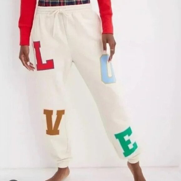 AERIE LOVE Patchwork Cream Sweatpants Joggers with Drawstring Size Medium - Picture 1 of 5